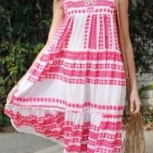 NWT Cezele CZ Collection Hot Pink Geometric Tiered Boho Summer Maxi Dress L